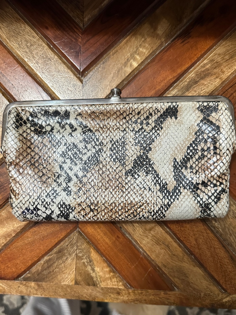 HOBO Snakeskin-Pattern Leather Clutch in Tan, Cream & Black